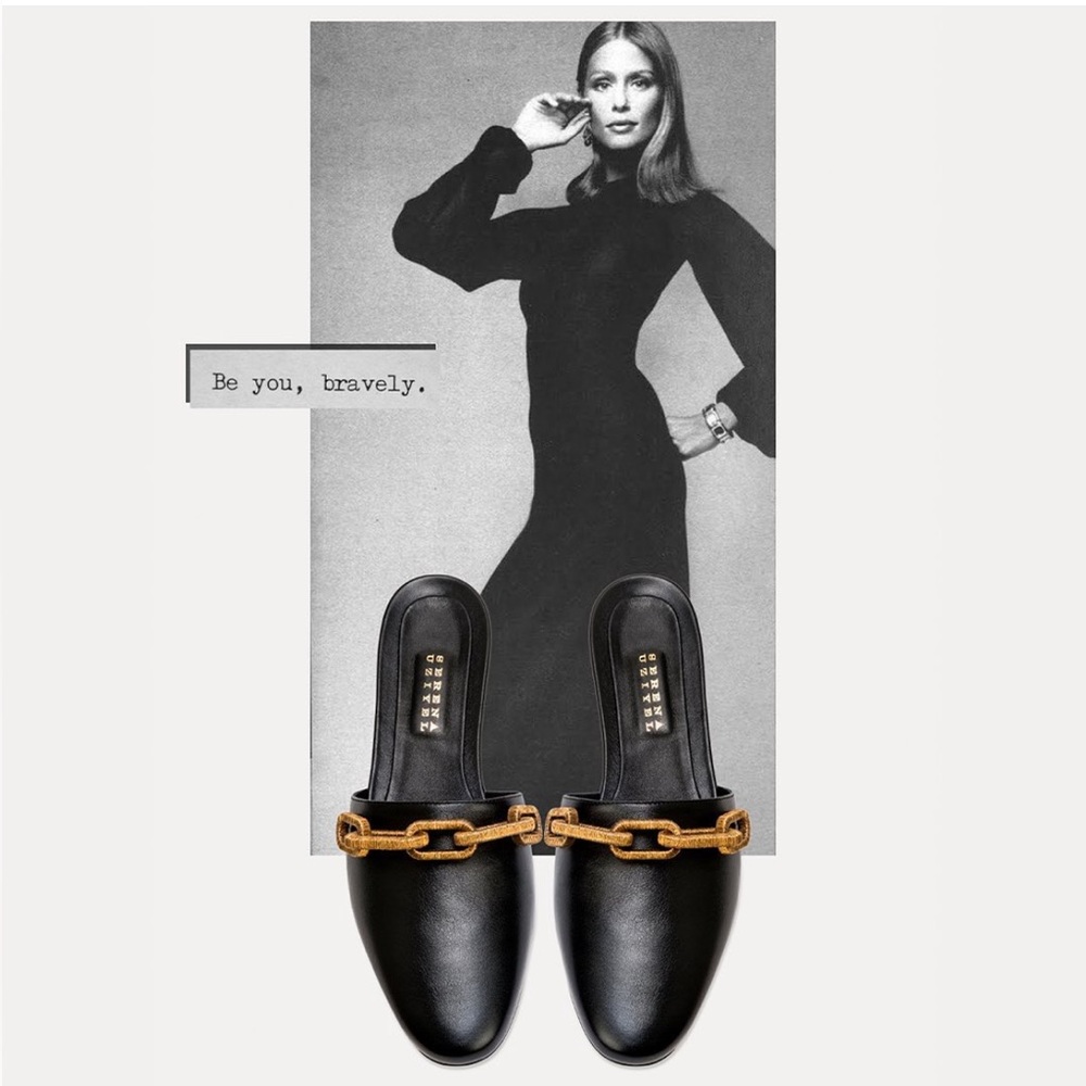Black Leather Mules with Gold Chain Detail